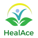 HealAce logo - Image is of what could be a flower or the upper body of a person with arms reaching out and upward under a thin yellow curved line that could represent the sun.