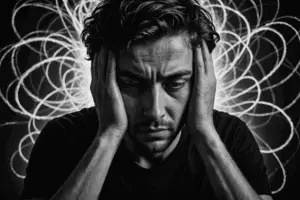 Close-up of man with head in hands looking stressed.. Bright lines representing anxious thoughts surround his head.