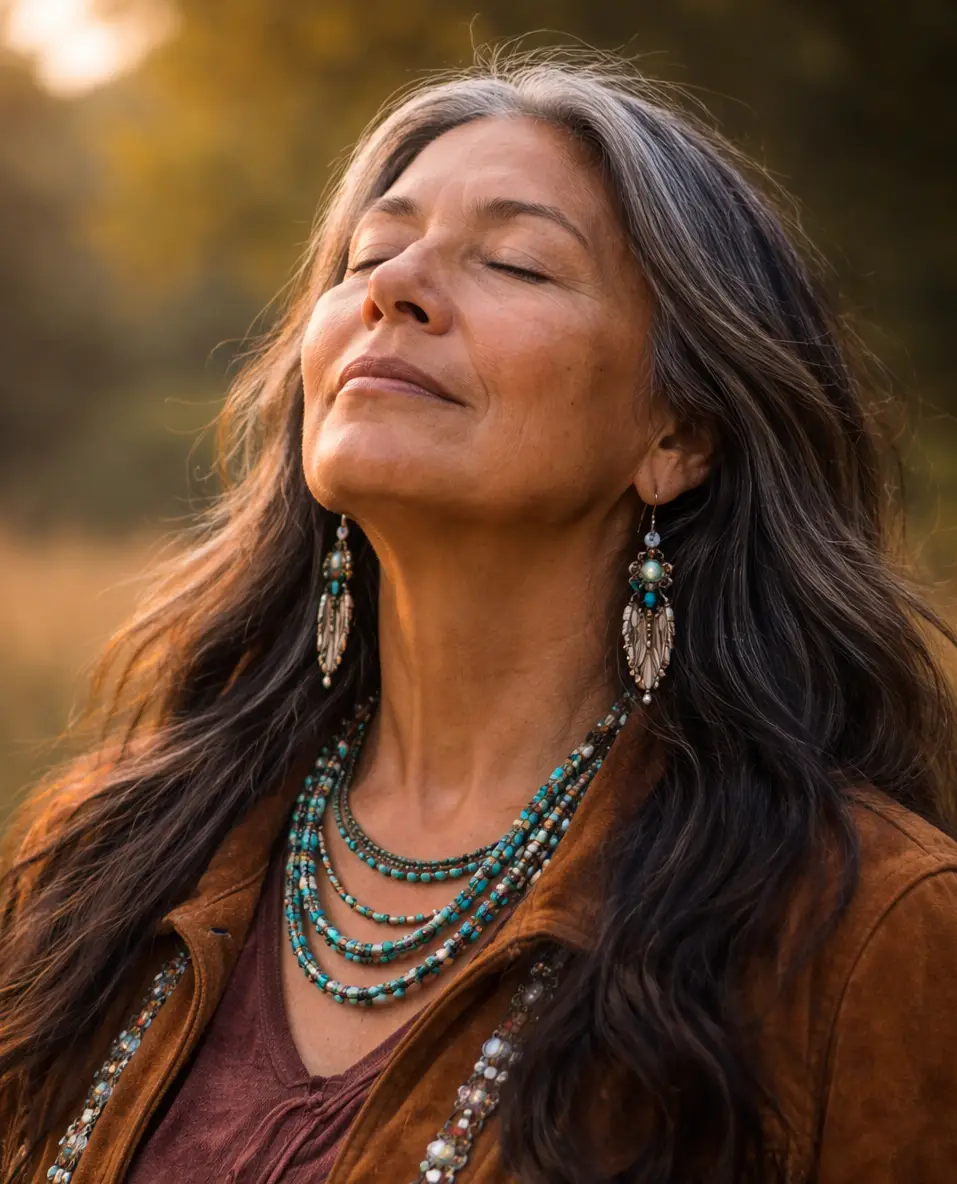 Woman long gray-streaked black hair with jewelry and clothing suggesting American Indian ancestry in field breathing deeply