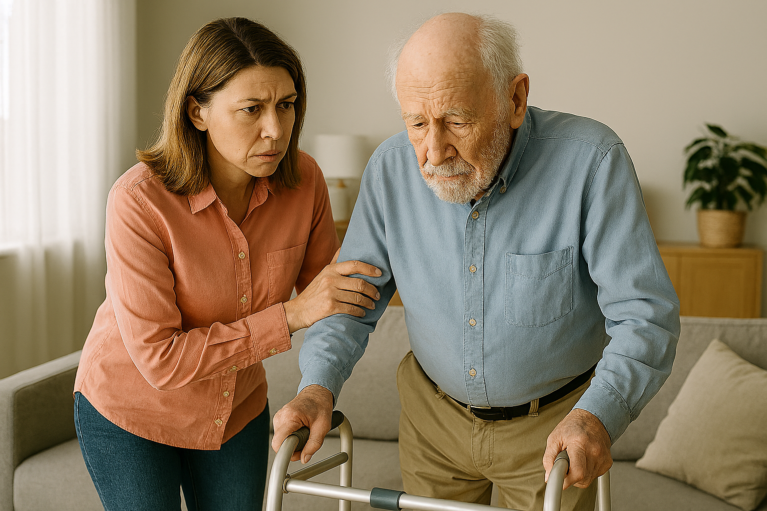 Woman holding arm of elderly father with walker as he prepares to sit on couch