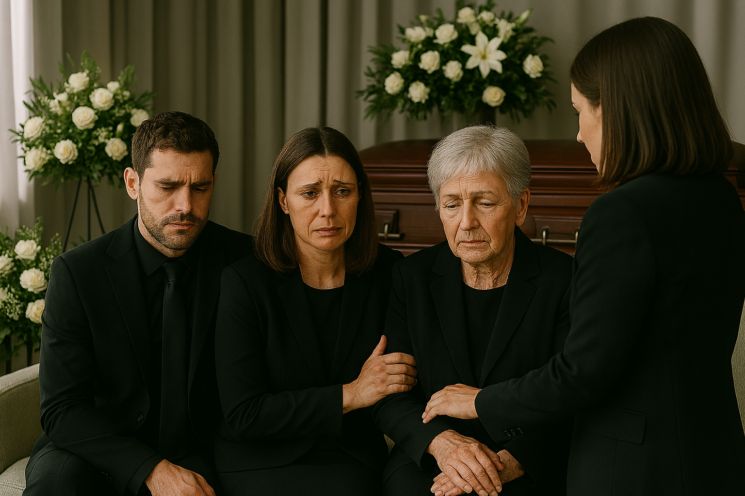 Elder woman, daughter, and grandson are approached by young woman offering condolences in funeral home. Closed casket and flower arrangements in background