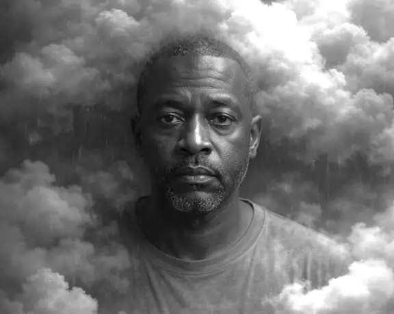 Close-up of man with head in hands looking stressed.. Bright lines representing anxious thoughts surround his head.