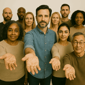 Diverse group of adults. Those in front are smiling and holding out their hands as if to offer help.