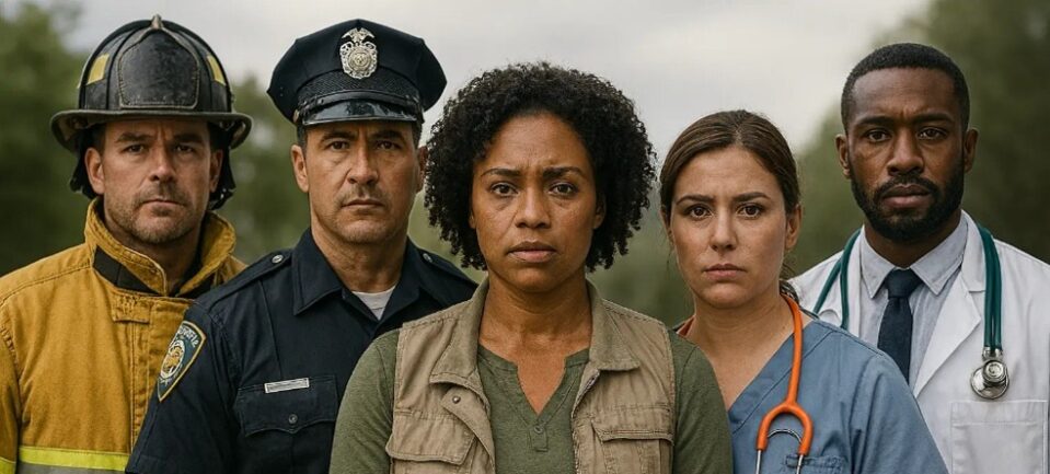Firefighter, police officer, social worker, nurse, and doctor standing together facing the camera with resolute expressions