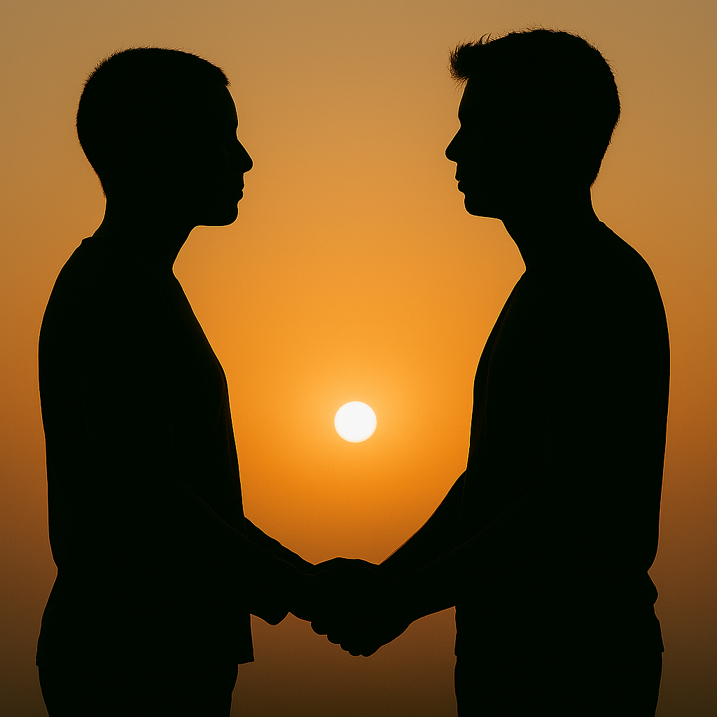 Two androgynous adults facing each other and holding hands with sun in background