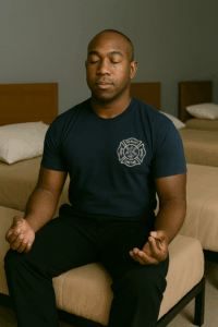 Fireman sitting on bed in firehouse bunk room meditating