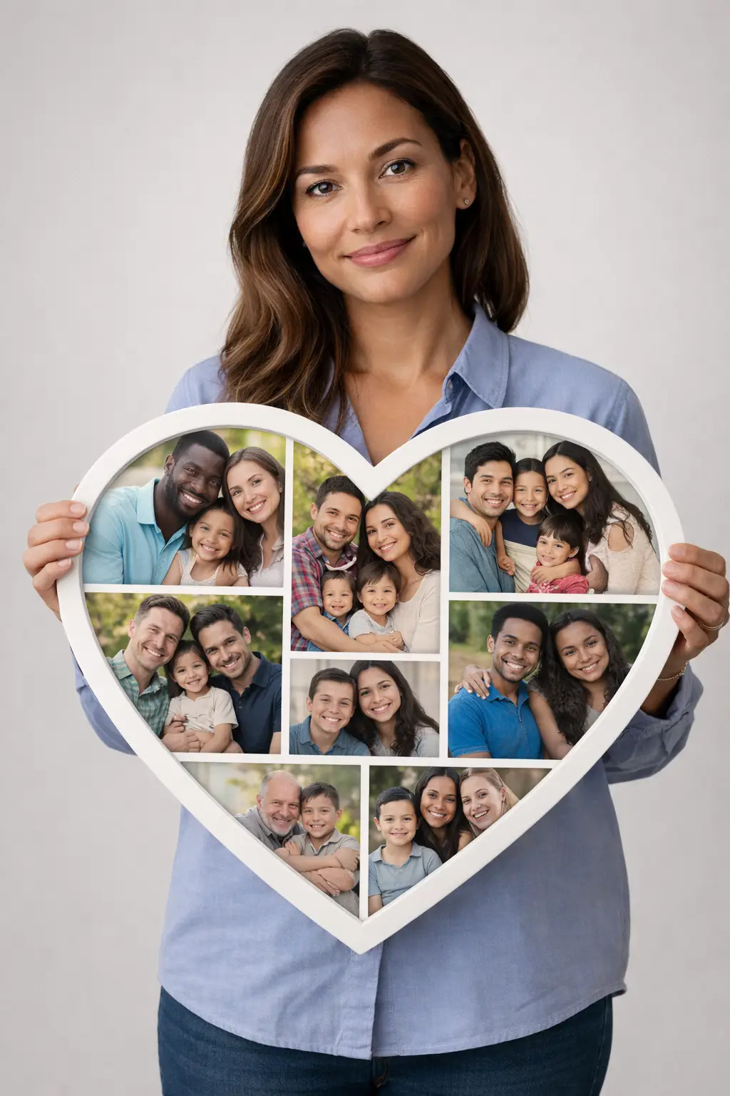 Woman holding heart-shaped picture frame containing pictures of various familes