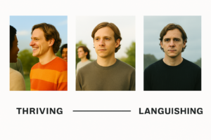 Photorealistic triptych showing the same person at three emotional states -- thriving, neutral, and languishing -- used to illustrate the mental health continuum. The thriving image shows the person smiling and interacting outdoors under a sunny sky; the neutral image shows them observing others without engaging; the languishing image shows them alone in the rain under a gray sky. Ideal for articles on emotional wellbeing, mental health, or psychological resilience.