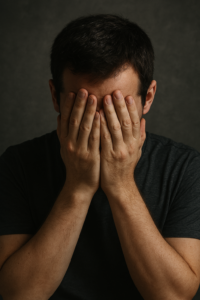 Man in black t-shirt covering face with hands